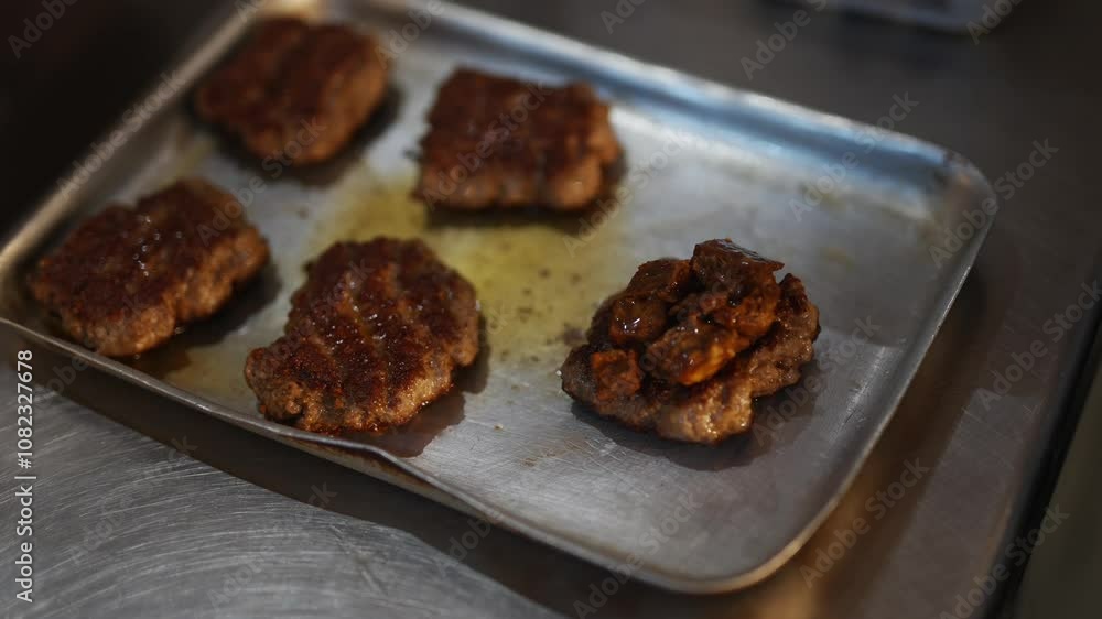 The oven plate full of patties in a kitchen which are baked The oven plate full of patties in a kitchen which are baked