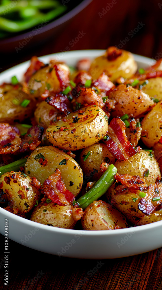 Rustic country-style dish with roasted new potatoes in a plate, tender green beans and crispy bacon bits. AI generative. Rustic country-style dish with roasted new potatoes in a plate, tender green beans and crispy bacon bits. AI generative.