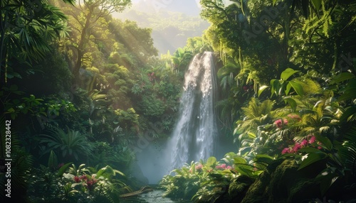 Lush Rainforest with Sunlight Filtering Through the Canopy and Waterfall Flowing into a Stream