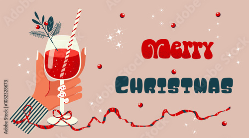 New Year's illustration. A glass with a festive drink, decorated with a fir branch, viburnum berries and a straw. Vector