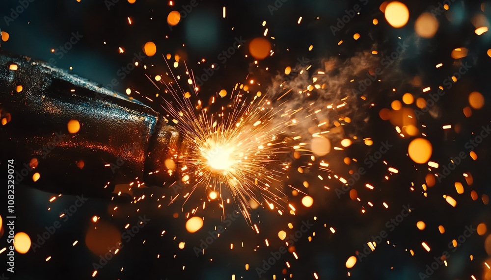 Naklejka premium Arc welding in progress by an industrial worker in a steel factory, sparks and bright light from the welding process, focused on quality craftsmanship and steel fabrication