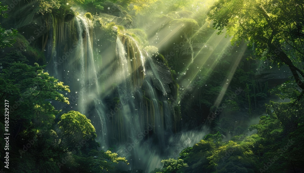Sunbeams Illuminating a Lush Waterfall in a Dense Forest Sunbeams Illuminating a Lush Waterfall in a Dense Forest