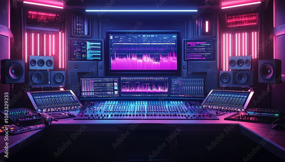 Audio editing studio with advanced equipment, multiple screens displaying sound waves and tracks, professional mixers, ideal for creating and editing music, modern tech workspace Audio editing studio with advanced equipment, multiple screens displaying sound waves and tracks, professional mixers, ideal for creating and editing music, modern tech workspace