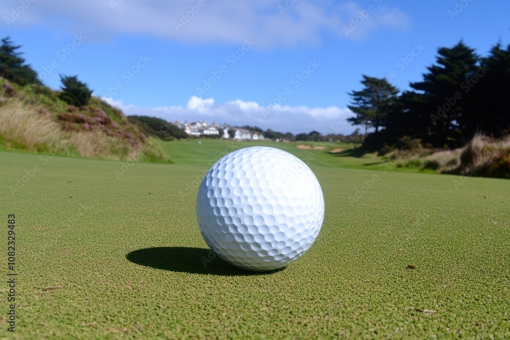 Fototapeta premium A single golf ball on a green putting green, with a view of a golf course in the background.