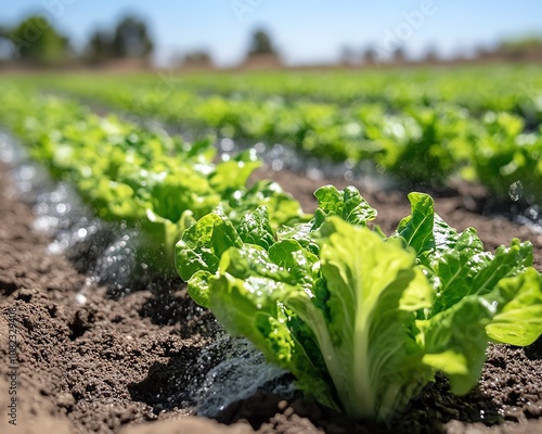 Wallpaper Mural Automated field irrigation system watering rows of vibrant lettuce plants, lush green farmland, precision farming technology in action, clear skies and sunny day Torontodigital.ca