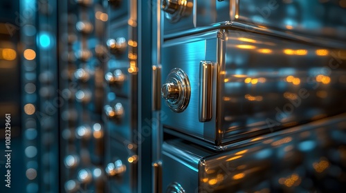 Metallic safety deposit boxes arranged in rows with chrome finish, featuring secure banking storage units captured with selective focus and professional lighting in luxury interior. photo