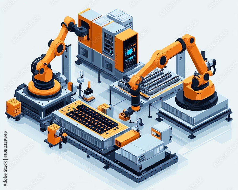 Electric vehicle production line with robotic arms assembling lithiumion batteries, modern industrial factory with bright lighting and precise automation Electric vehicle production line with robotic arms assembling lithiumion batteries, modern industrial factory with bright lighting and precise automation