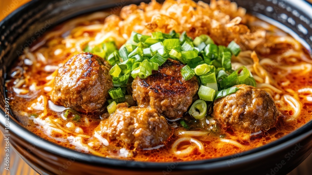 Spicy Ramen with Meatballs and Green Onions Spicy Ramen with Meatballs and Green Onions