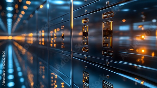 Metallic safety deposit boxes arranged in rows with chrome finish, featuring secure banking storage units captured with selective focus and professional lighting in luxury interior. photo