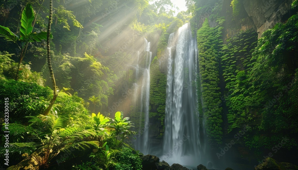 Sunbeams Illuminating a Lush Waterfall in a Tropical Rainforest Sunbeams Illuminating a Lush Waterfall in a Tropical Rainforest
