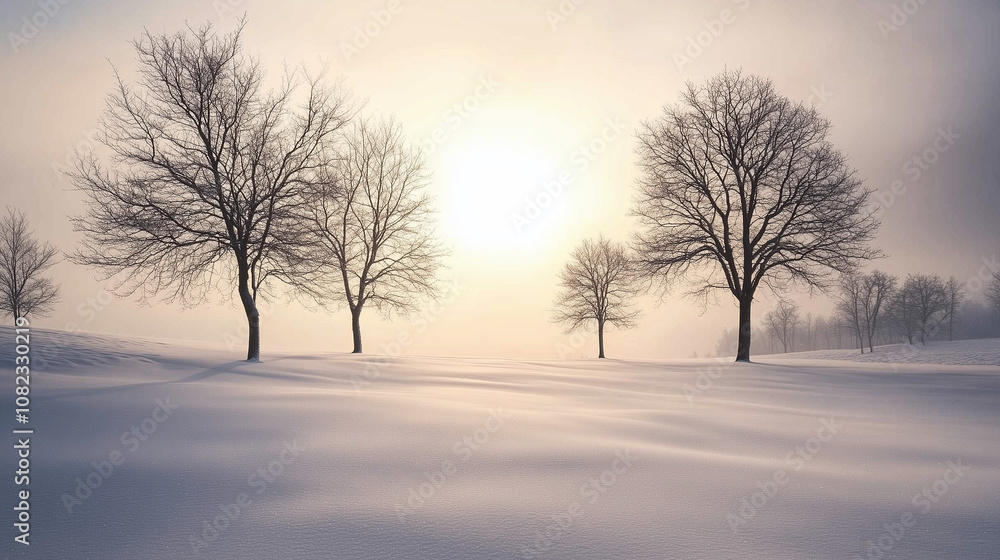 A snow-covered field with a few bare trees silhouetted in the distance A snow-covered field with a few bare trees silhouetted in the distance