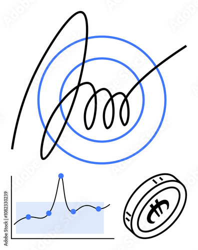 Spiral signature graph with points cryptocurrency coin and blue concentric circles. Ideal for finance, growth, investment, cryptocurrency, progress, analytics, strategy. Line metaphor