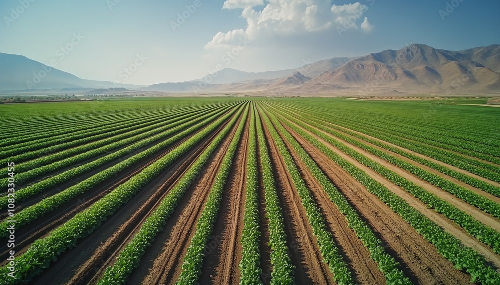 Field irrigation system watering lettuce in a vast farmland, rows of fresh green crops under the sun, efficient watering technology enhancing lettuce growth Field irrigation system watering lettuce in a vast farmland, rows of fresh green crops under the sun, efficient watering technology enhancing lettuce growth