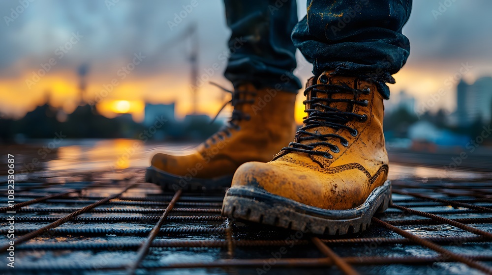 Industrial photograph of construction safety boots on steel beam, featuring leather work boots and reinforcement bars with dramatic perspective in morning light. Industrial photograph of construction safety boots on steel beam, featuring leather work boots and reinforcement bars with dramatic perspective in morning light.