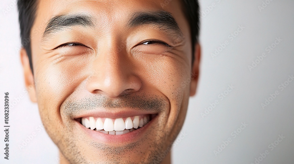 Fototapeta premium Closeup Portrait of a Happy Asian Man Smiling Happily with Joyful Expression Isolated Against a Simple Background Highlighting His Features and Emotions