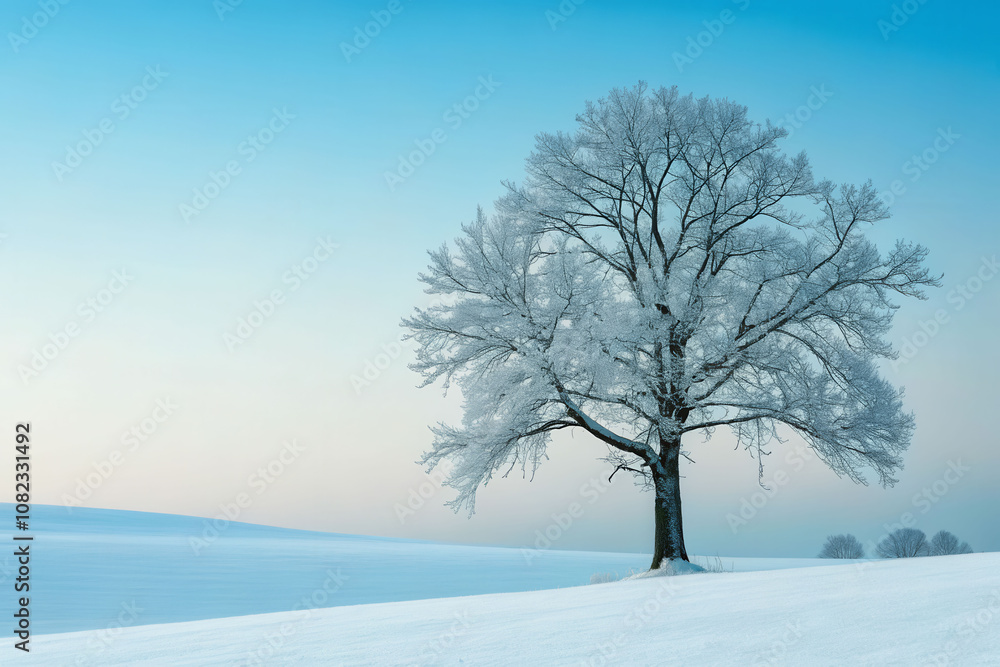 A winter landscape with a large tree in the foreground and two smaller trees in the background. The sky is blue and the sun is setting A winter landscape with a large tree in the foreground and two smaller trees in the background. The sky is blue and the sun is setting