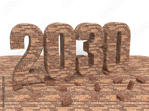 Brick New year inscription 2030 on stone floor. Christmas post idea for building company. 3d rendering