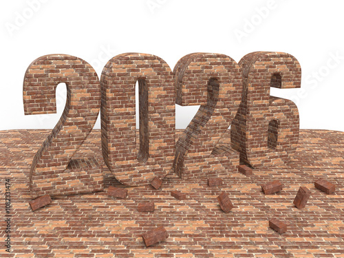 Brick New year inscription 2026 on stone floor. Christmas post idea for building company. 3d rendering