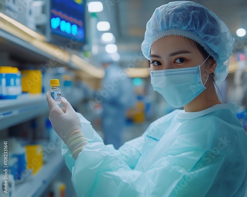 Nurse holding a small vial of CAR T cell immunotherapy drug in a modern hospital, advanced healthcare technology, precise handling of cuttingedge cancer treatment photo