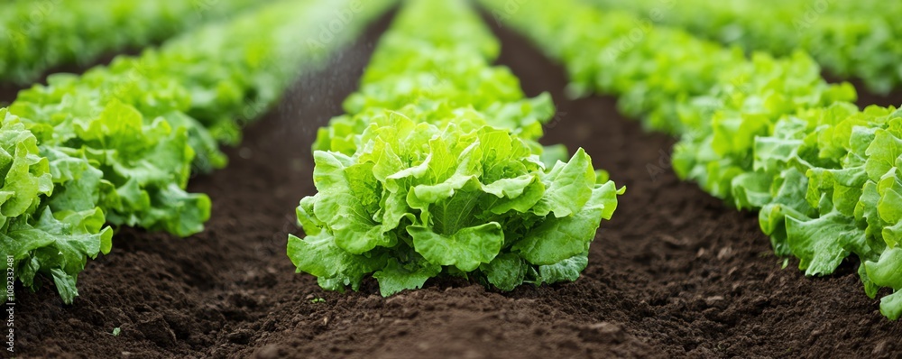 Rows of lettuce crops being watered by an advanced field irrigation system Rows of lettuce crops being watered by an advanced field irrigation system