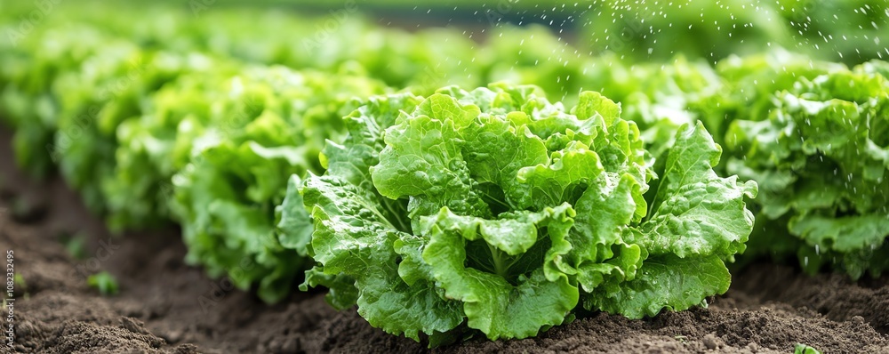 Rows of lettuce crops being watered by an advanced field irrigation system Rows of lettuce crops being watered by an advanced field irrigation system