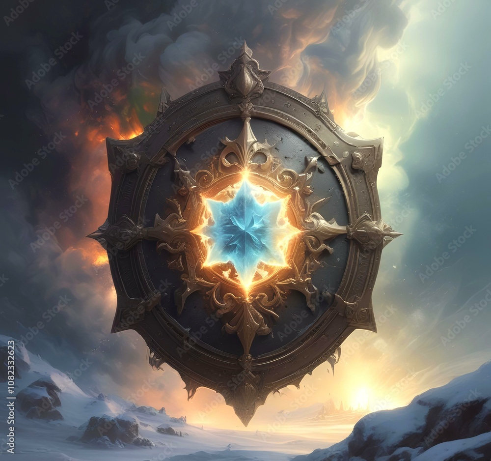 Fototapeta premium Illustratin of glowing shield in dark background.