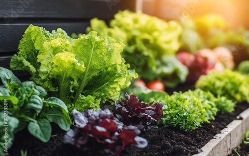 Vibrant organic vegetables and herbs growing in a garden, rows of fresh lettuce, spinach, and basil, ecoconscious farming, healthy and natural crops in a lush garden setting