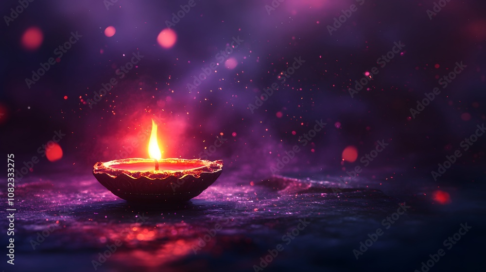 Single Diwali oil lamp with dramatic flame against purple gradient background, featuring bokeh effects and sparkles creating mystical, cinematic atmosphere. Single Diwali oil lamp with dramatic flame against purple gradient background, featuring bokeh effects and sparkles creating mystical, cinematic atmosphere.