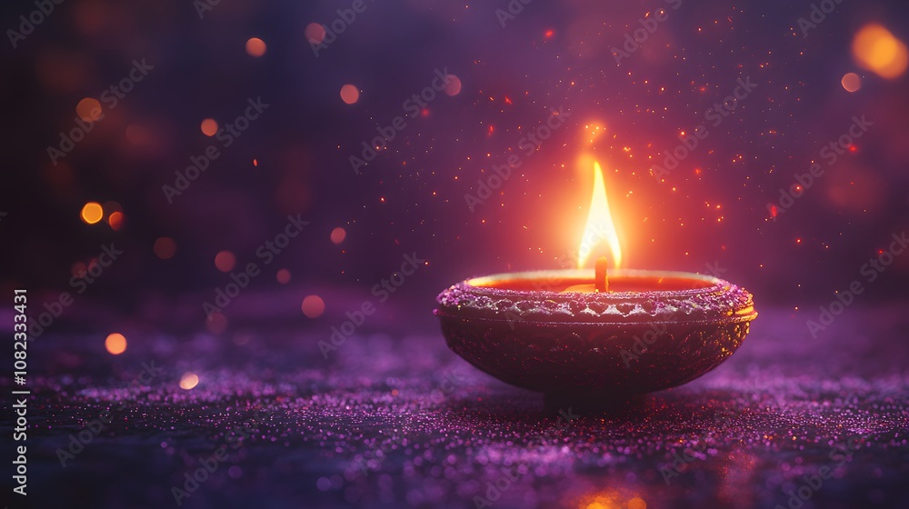 Single Diwali oil lamp with dramatic flame against purple gradient background, featuring bokeh effects and sparkles creating mystical, cinematic atmosphere. Single Diwali oil lamp with dramatic flame against purple gradient background, featuring bokeh effects and sparkles creating mystical, cinematic atmosphere.