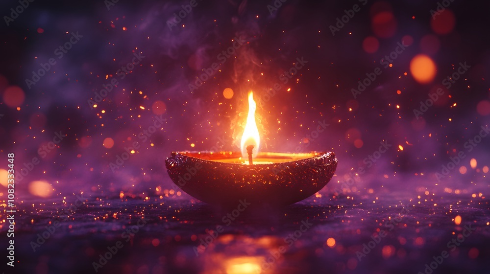 Single Diwali oil lamp with dramatic flame against purple gradient background, featuring bokeh effects and sparkles creating mystical, cinematic atmosphere. Single Diwali oil lamp with dramatic flame against purple gradient background, featuring bokeh effects and sparkles creating mystical, cinematic atmosphere.