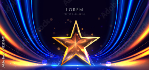 Luxury blue background with gold star glowing lighting effect sparkle.