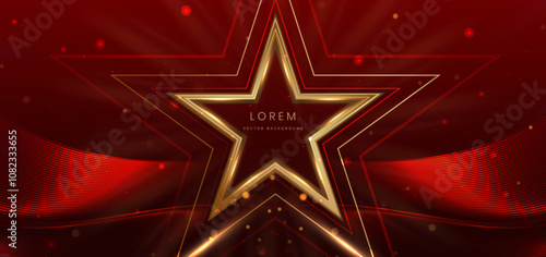 Golden star on dark red background with lighting effect and sparkle.