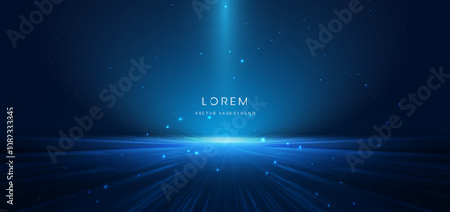 Abstract scene elegant blue light lines on dark background with lighting effect and sparkle.