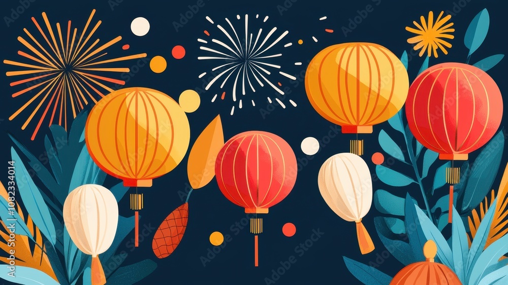Fototapeta premium A vibrant illustration featuring colorful lanterns surrounded by festive elements like fireworks and foliage, evoking celebration and joy.