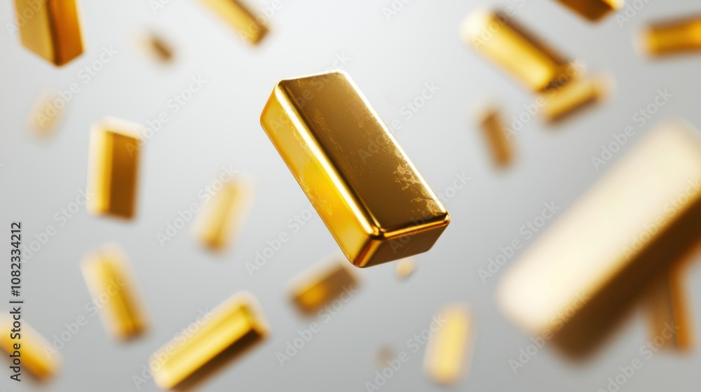 Several gold bars float effortlessly in the air, reflecting light and highlighting their shiny surfaces. The backdrop is a soft, neutral tone, emphasizing the bars' rich color and appeal Several gold bars float effortlessly in the air, reflecting light and highlighting their shiny surfaces. The backdrop is a soft, neutral tone, emphasizing the bars' rich color and appeal