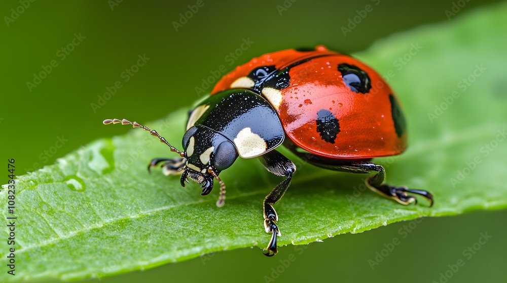 Extreme close-up of seven-spotted ladybug on textured green leaf, showcasing vibrant red and black colors with natural sunlight and dewdrops in garden setting. Extreme close-up of seven-spotted ladybug on textured green leaf, showcasing vibrant red and black colors with natural sunlight and dewdrops in garden setting.