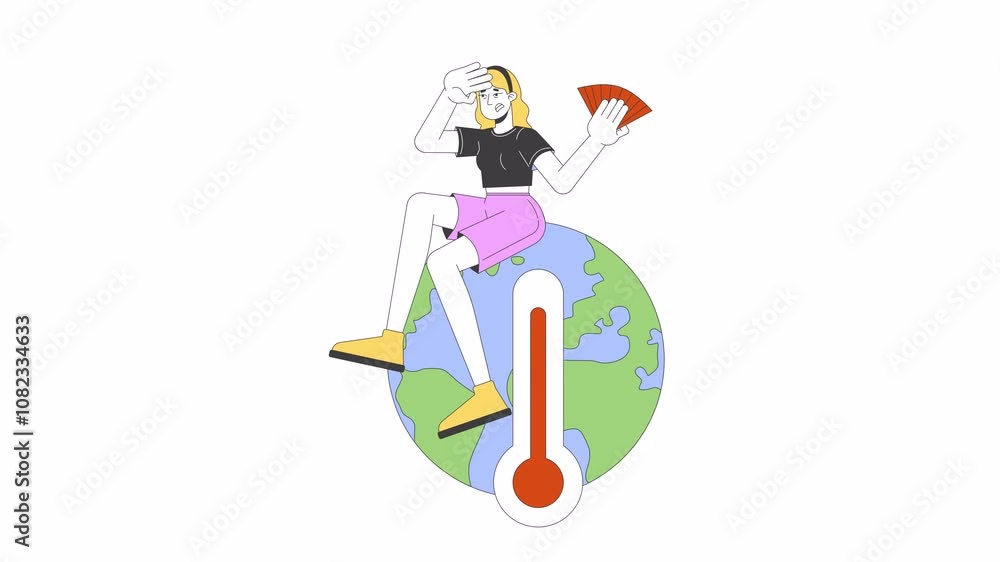 Global warming 2D animation. Climate crisis 4K video motion graphic. Heat exhaustion, heatstroke. Sweating woman fanning herself with fan animated character cartoon flat concept, white background Global warming 2D animation. Climate crisis 4K video motion graphic. Heat exhaustion, heatstroke. Sweating woman fanning herself with fan animated character cartoon flat concept, white background