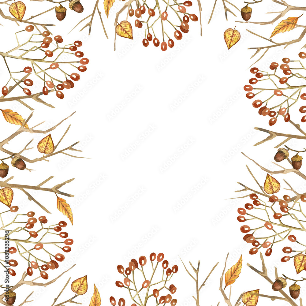 Tree branches, viburnum berries, acorns and leaves in a square frame. All objects are hand-drawn with watercolors. Watercolor illustration. Suitable for Thanksgiving cards, invitations, decor. Tree branches, viburnum berries, acorns and leaves in a square frame. All objects are hand-drawn with watercolors. Watercolor illustration. Suitable for Thanksgiving cards, invitations, decor.
