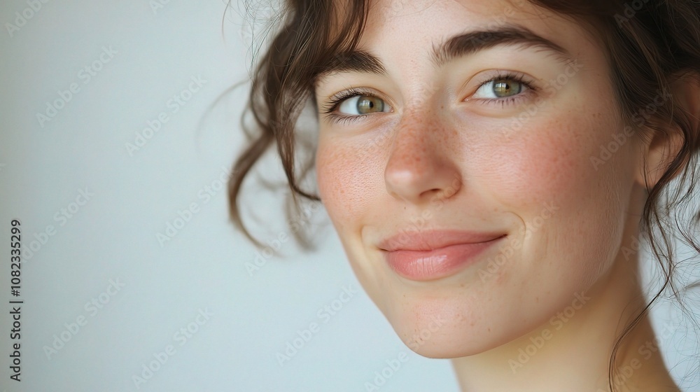 Naklejka premium Close-up Portrait of a Young Woman with Natural Makeup, Radiating Confidence and Serenity Against a Soft Neutral Background