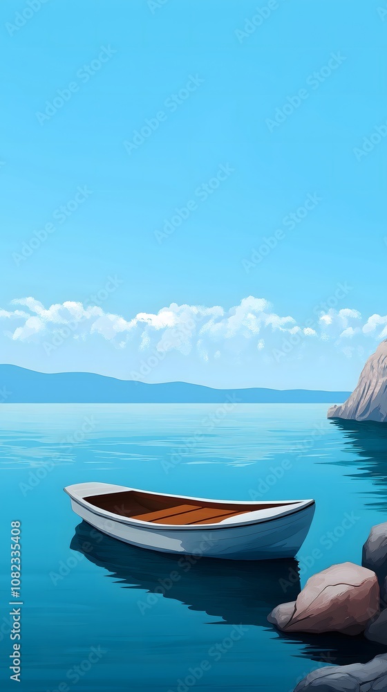 Naklejka premium Serene Lake, Empty Boat, Rocky Shore