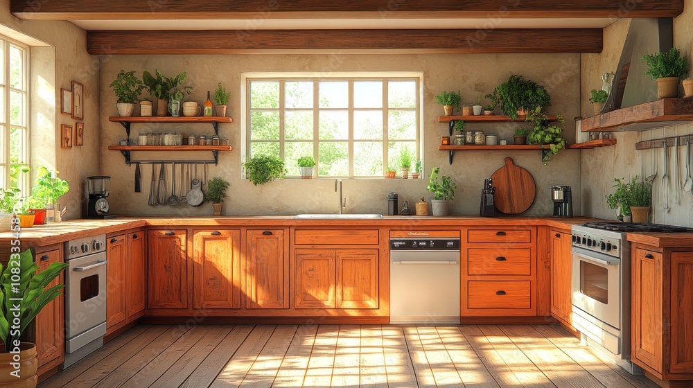 Fototapeta premium A bright kitchen with wooden cabinets, a window, and plants on shelves.
