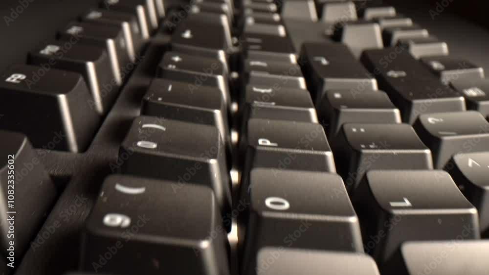 Camera gliding over computer keyboard keys, showcasing the intricate details and design of each key in a modern workspace Camera gliding over computer keyboard keys, showcasing the intricate details and design of each key in a modern workspace