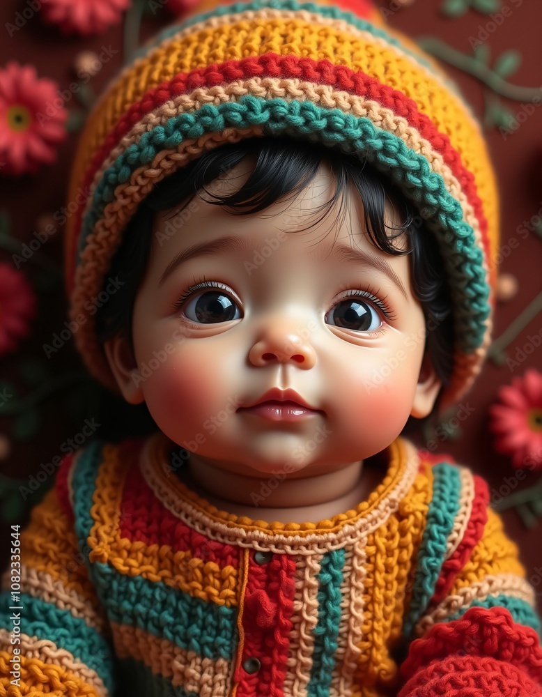 mexican baby girl with smooth facial features and beautiful baby hat on her head,red,yellow,green,blue,purple,realistic,detailed,detailed mexican baby girl with smooth facial features and beautiful baby hat on her head,red,yellow,green,blue,purple,realistic,detailed,detailed