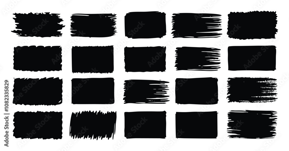 Set of Grunge Brush Stroke Shapes - Black Hand-Painted Textured Rectangles and Squares for Design Elements vector on white background Set of Grunge Brush Stroke Shapes - Black Hand-Painted Textured Rectangles and Squares for Design Elements vector on white background
