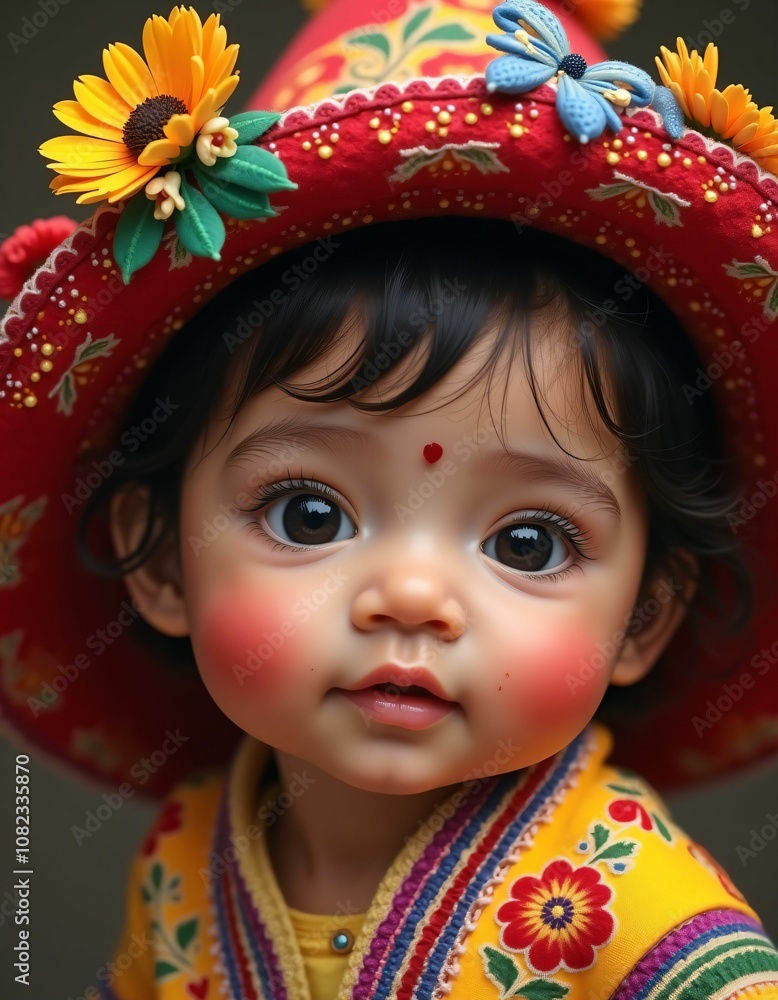 mexican baby girl with smooth facial features and beautiful baby hat on her head,red,yellow,green,blue,purple,realistic,detailed,detailed mexican baby girl with smooth facial features and beautiful baby hat on her head,red,yellow,green,blue,purple,realistic,detailed,detailed