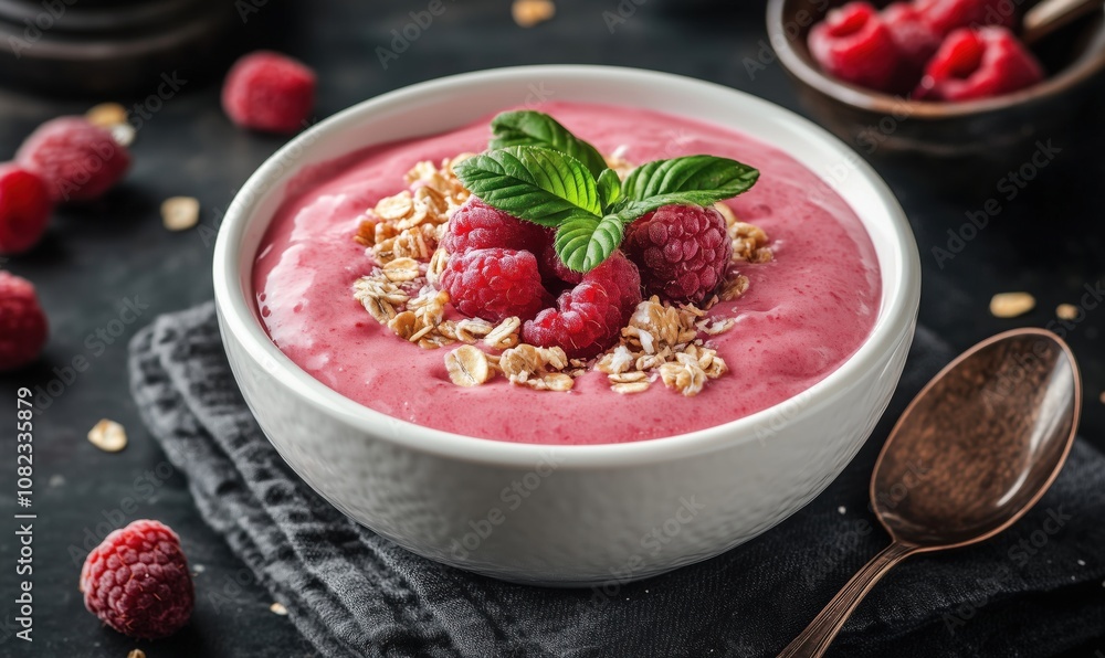 Raspberry yogurt bowl topped with granola, fresh raspberries, mint leaves Raspberry yogurt bowl topped with granola, fresh raspberries, mint leaves