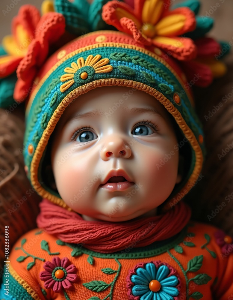 mexican baby girl with smooth facial features and beautiful baby hat on her head,red,yellow,green,blue,purple,realistic,detailed,detailed mexican baby girl with smooth facial features and beautiful baby hat on her head,red,yellow,green,blue,purple,realistic,detailed,detailed