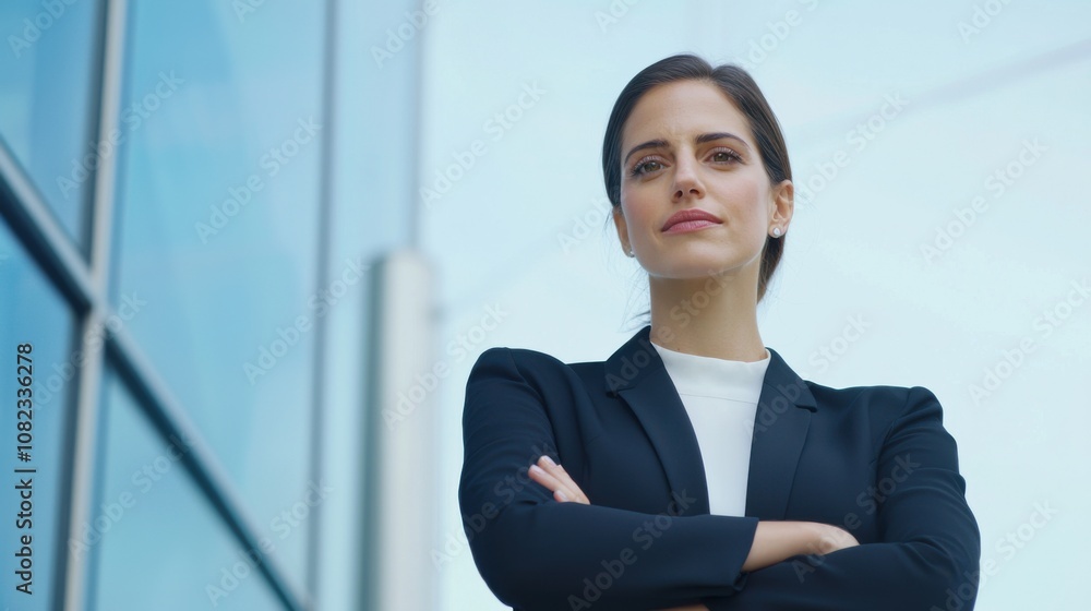 A professional woman stands confidently with her arms crossed, gazing forward, near a glass office building under a clear blue sky, conveying strength and assurance A professional woman stands confidently with her arms crossed, gazing forward, near a glass office building under a clear blue sky, conveying strength and assurance