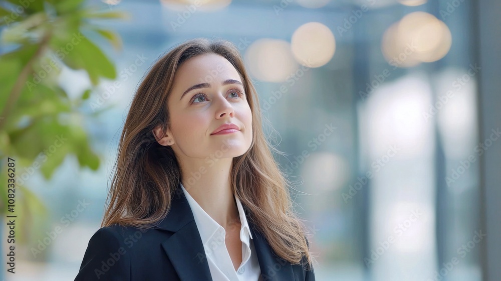 A young professional woman stands thoughtfully in a contemporary office environment, looking up with a hopeful expression, surrounded by soft natural light A young professional woman stands thoughtfully in a contemporary office environment, looking up with a hopeful expression, surrounded by soft natural light