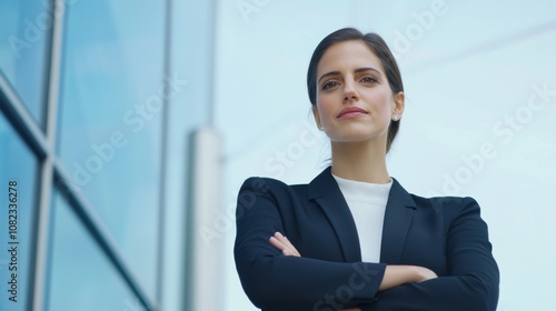 A professional woman stands confidently with her arms crossed, gazing forward, near a glass office building under a clear blue sky, conveying strength and assurance